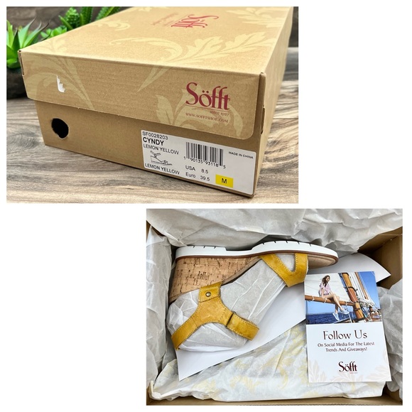 NIB Sofft Cyndy Strappy Wedge Leather Sandal Lemon Yellow - Picture 10 of 12